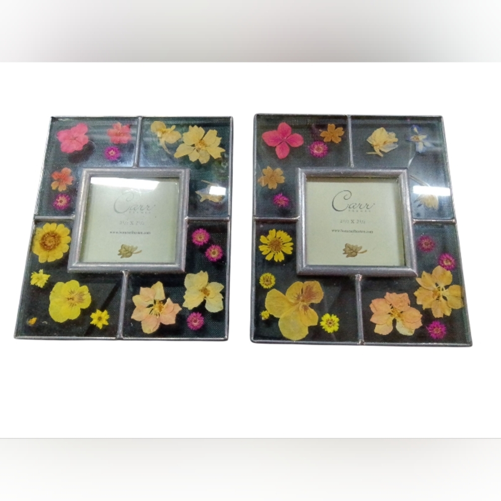 Vtg 1999 Set Of 2 Leaded Glass Picture Frames W/Real Pressed Flowers 2.5"X2.5"